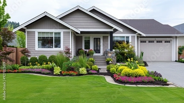 Obraz A beautiful suburban home with vibrant landscaping, featuring a well-maintained yard and colorful flower beds.