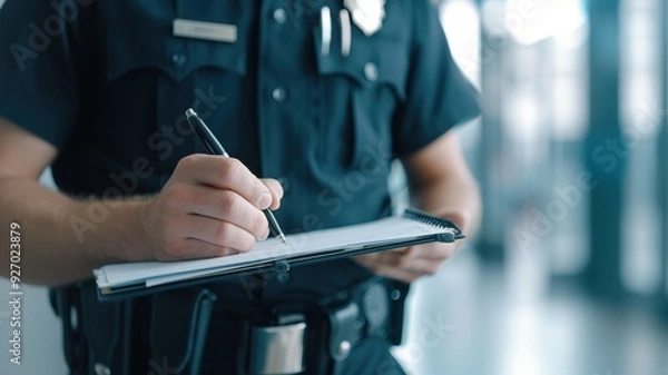 Obraz A police officer writes notes on a clipboard, showcasing law enforcement duties in a modern environment.
