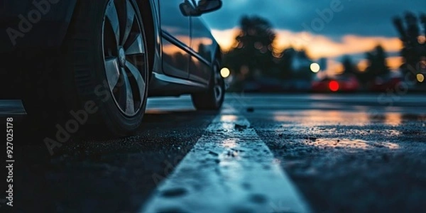 Fototapeta Close up view of car tire, white parking lot line in the background, following day at evening time,