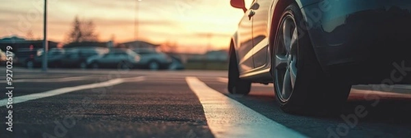 Fototapeta Close up view of car tire, white parking lot line in the background, following day at evening time,