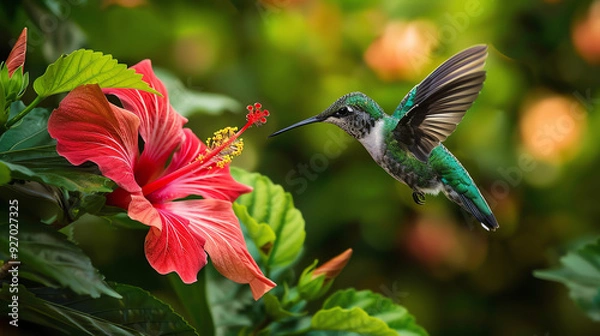 Fototapeta hummingbird with a long, thin beak, hovering in front of a bright red hibiscus flower