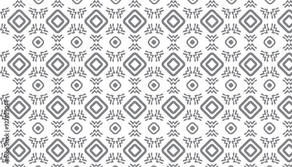 Obraz Symmetrical Monochromatic Pattern with Geometric Shapes, Featuring Grid of Squares and Rectangles, Intricate Designs, X-Like Figures, and Simplified Insect or Human-Like Forms in Repeated Formation