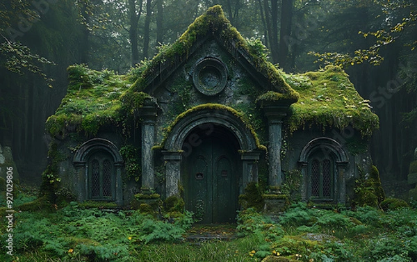 Fototapeta Old Green Ruins: Historical Building Overgrown by Moss and Grass