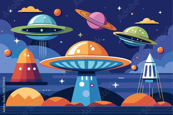Obraz Flying Saucers and a Rocket Landing on a Distant Planet
