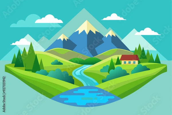 Obraz A Mountainous Landscape with a River, a House, and Trees