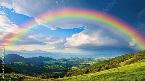 Obraz A vibrant rainbow stretching across the sky, casting its colors over rolling green fields, evoking a sense of peace and beauty in the natural world.