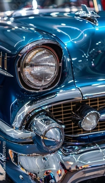 Fototapeta Vintage Blue Classic Car Close-Up with Chrome Details, Ideal for Retro Auto Enthusiast Posters