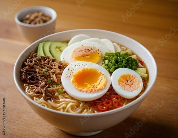 Fototapeta Steaming Bowl of Ramen with Soft-Boiled Egg and Toppings. Ai generated image.
