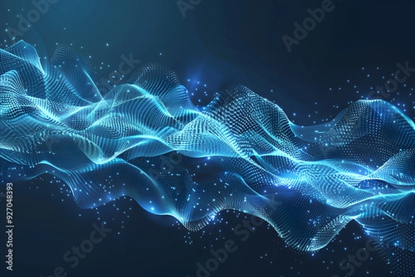 Fototapeta Abstract Blue Waves with Glowing Dots, Mesmerizing Digital Wave of Flowing Particles in a Futuristic 3D Fractal Landscape