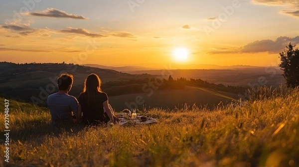 Obraz 44. A couple enjoying a peaceful sunset picnic on a hilltop with a beautiful panoramic view of rolling landscapes and a golden sky