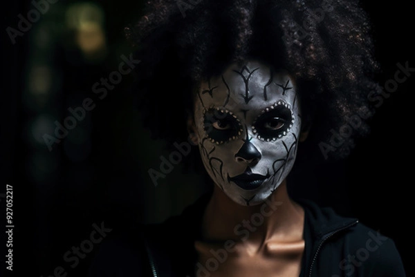 Fototapeta a woman with makeup, in the style of dark and spooky themes, spontaneous gesture, art of tonga, comfycore, metal, contest winner, nabis