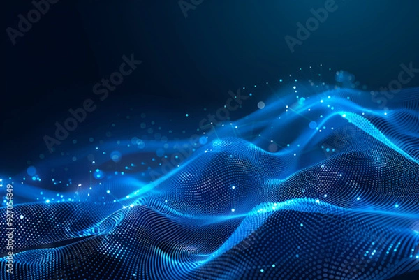 Fototapeta Blue abstract background with a network grid and particles connected. ,Abstract background with glowing blue waves and dots on a dark background, Background of abstract lines that form waves on a dark