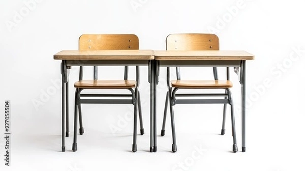 Fototapeta Functional school desk and chairs isolated on a clean white background, capturing the essence of classroom furniture