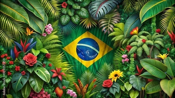 Obraz a banner featuring the lush greens and exotic floral of the Amazon Rainforest. a Brazil-Themed Banner Design