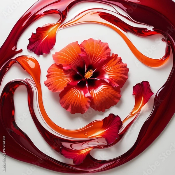 Fototapeta A vibrant hibiscus flower in shades of deep red and orange, with petals melting into fluid