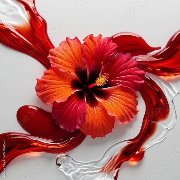 Fototapeta A vibrant hibiscus flower in shades of deep red and orange, with petals melting into fluid