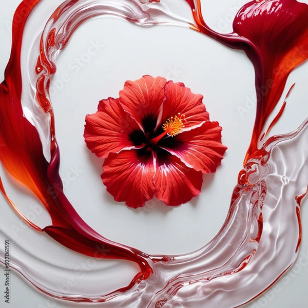 Fototapeta A vibrant hibiscus flower in shades of deep red and orange, with petals melting into fluid