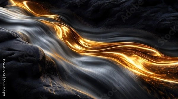 Obraz Luxurious Liquid Gold Flow Over Smooth Black Rocks with Soft Reflections