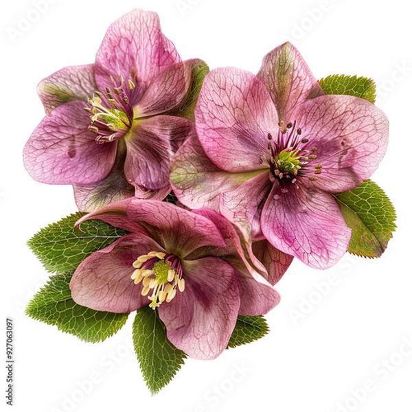 Obraz Pink hellebore flowers with leaves isolated on translucent