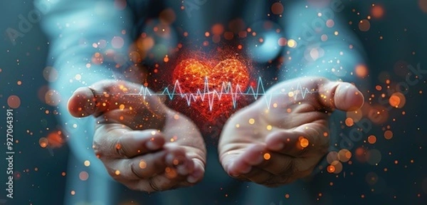Fototapeta A person is holding a heart in their hands, surrounded by a glowing