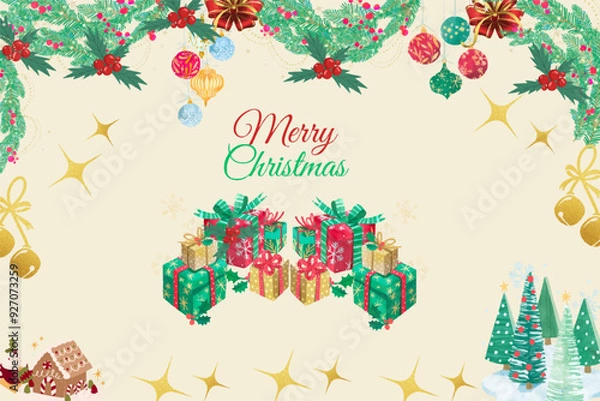 Fototapeta Yellow  Christmas with Box Gigt, Tree, Snow Ball, Pine , Star and Space Backgroun, Wallpaper, Card , Merry Christmas, Happy , Celebrate