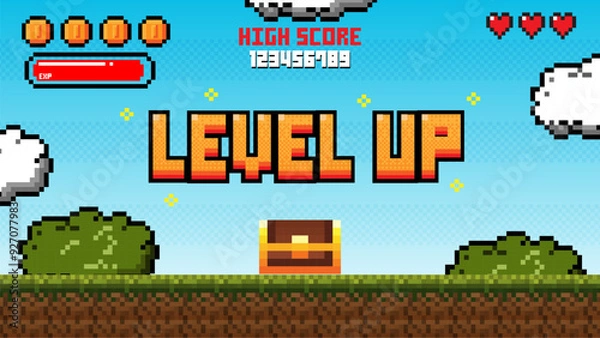 Fototapeta Pixel art game level up background.Video game level up background. Retro 8 bit video game interface with You Win text, computer game level up background.