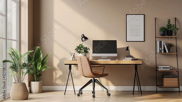 Fototapeta Modern Minimalist Workspace with Natural Light and Greenery