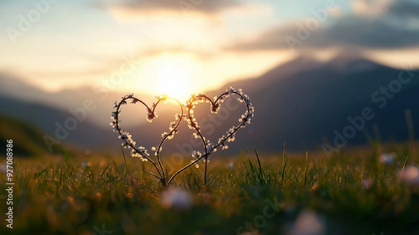 Fototapeta Delicate branches adorned with small flowers form two intertwined hearts, set against the backdrop of a sunrise over misty mountains.