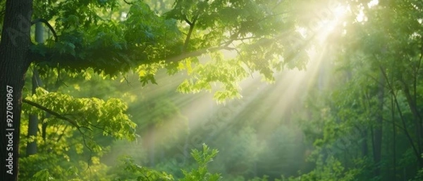 Fototapeta  A tree's leaves filter sunlight in a verdant forest, featuring a nearby bench in the foreground