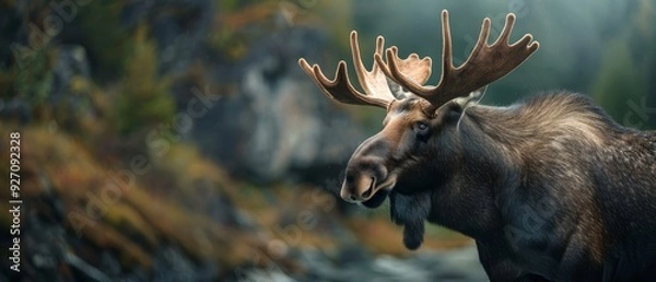 Fototapeta  A tight shot of a moose sporting massive antlers atop its head against a backdrop of tranquil water