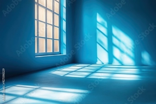 Obraz Azure Tranquility: Sunlight streams through a paned window into a minimalist blue room, casting geometric shadows across the floor. 