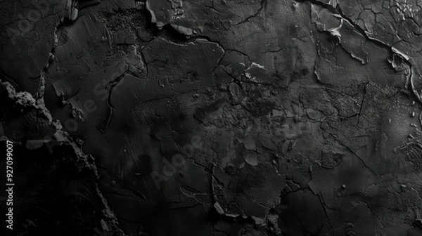 Fototapeta A close-up view of a cracked black concrete surface. The texture is rough and uneven, with deep cracks and crevices. The dark color and distressed look of the surface creates a sense of age and wear.