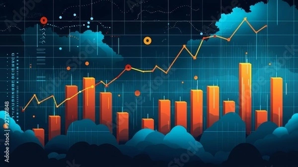 Fototapeta Recession forecast, stormy economic outlook with declining charts, flat design illustration