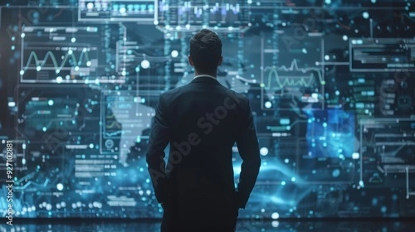 Fototapeta Engaged businessman analyzing data on futuristic digital screen in office setting
