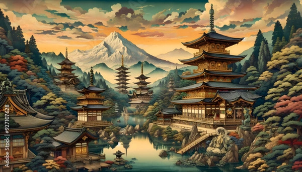 Obraz Temple Japanese ukiyo-e style, 
