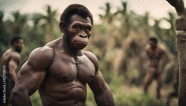 Fototapeta Evolutionary Depiction of Homo Erectus in Dense Forest