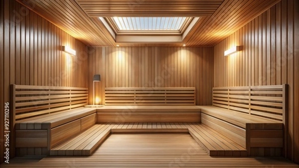 Fototapeta Front view of empty Finnish sauna room with modern wooden interior and dry steam, Finnish sauna, empty, front view
