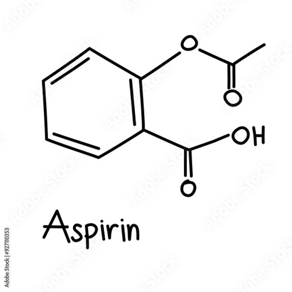 Fototapeta Hand drawn chemical structural formula of aspirin, also known as acetylsalicylic acid, a medical anti inflammatory drug used to reduce pain, fever, and or inflammation. Chemical formula C9H8O4.