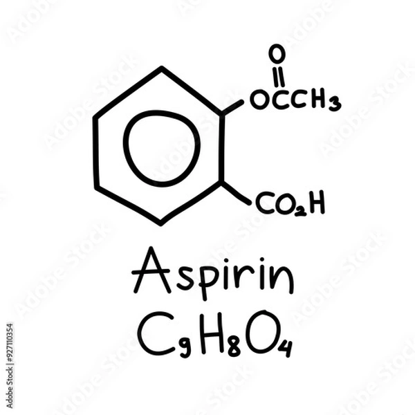 Obraz Hand drawn chemical structural formula of aspirin, also known as acetylsalicylic acid, a medical anti inflammatory drug used to reduce pain, fever, and or inflammation. Chemical formula C9H8O4.