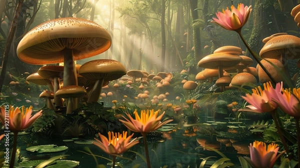 Obraz a fantastical forest with giant, colorful mushrooms and flowers.