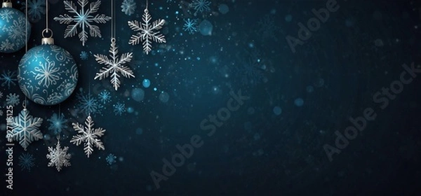 Fototapeta Blue christmas banner with snowflakes. Merry Christmas and Happy New Year greeting banner. Horizontal new year background