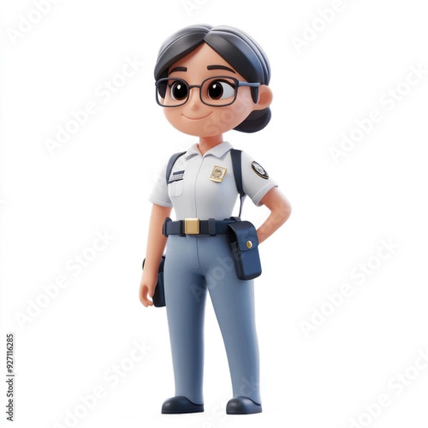 Fototapeta 3D cartoon, a female security uniform. on a solid white background