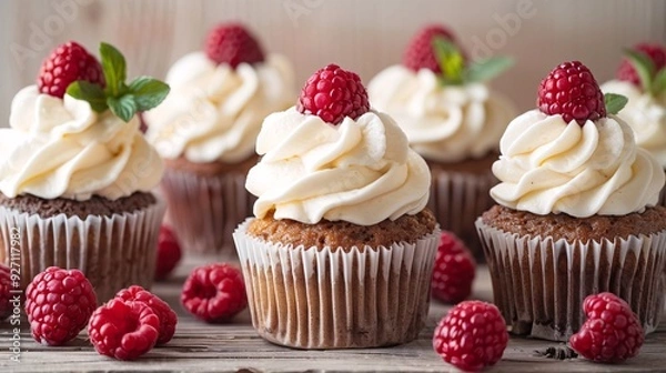 Obraz Delightful cupcakes with fluffy cream and vibrant berries, a sweet treat for any occasion