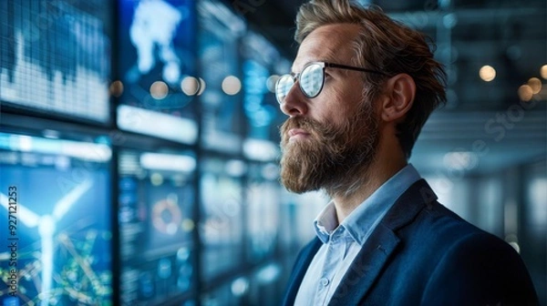 Fototapeta A businessman wearing glasses looks thoughtfully at a large screen displaying wind turbine data