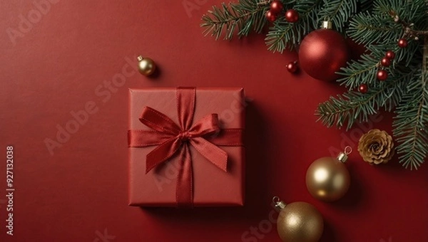 Fototapeta Christmas composition. Gift box, christmas decorations on red background. Flat lay, top view, copy space