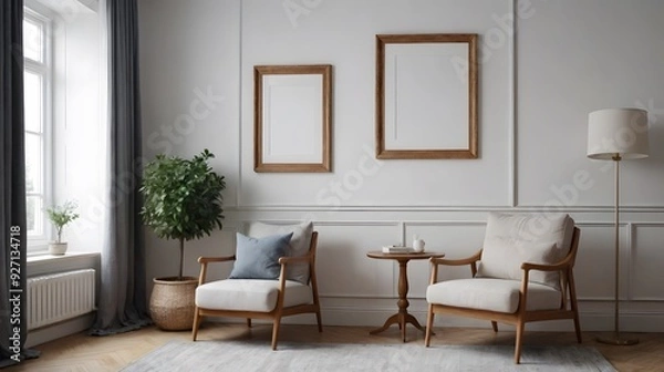 Fototapeta High resolution photo frame on the wall interior image template, empty art frame interior design ai generated designer pictures.