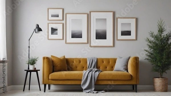 Fototapeta A neat and clean living area interior image with orange sofa, table lamp, coffee table, planters and multiple photo frames on the front wall interior template.