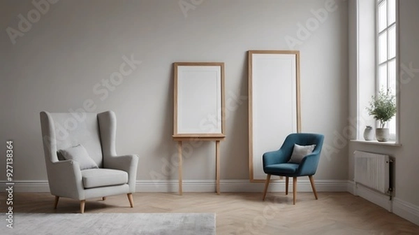 Fototapeta High resolution photo frame on the wall interior image template, empty art frame interior design ai generated designer pictures.