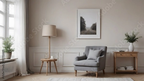 Fototapeta High resolution photo frame on the wall interior image template, empty art frame interior design ai generated designer pictures.
