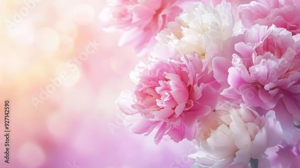 Fototapeta A close-up of pink and white peonies against a soft, colorful background.
